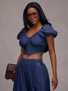 NYA SZN Bộ đồ denim đồng bộ gồm áo corset và quần ống loe. - màu đen - Xem 4
