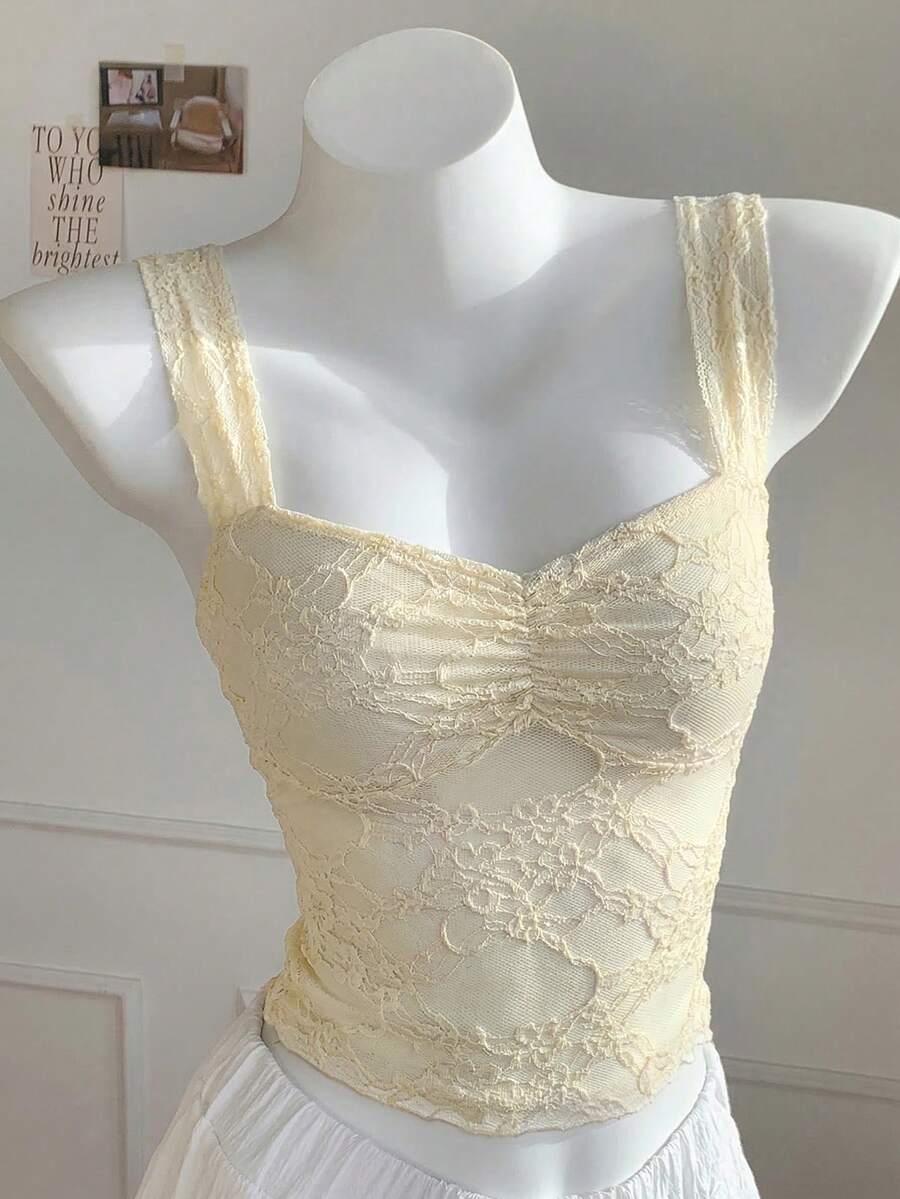 Comfortcana 女士夏季浅黄色修身荷叶边蕾丝吊带衫 - 淡黃色 - 查看 1