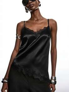 LYSMO Áo camisole nữ phối ren, kiểu dáng thường ngày, đa năng, thích hợp mặc hàng ngày. - màu đen - Xem 3