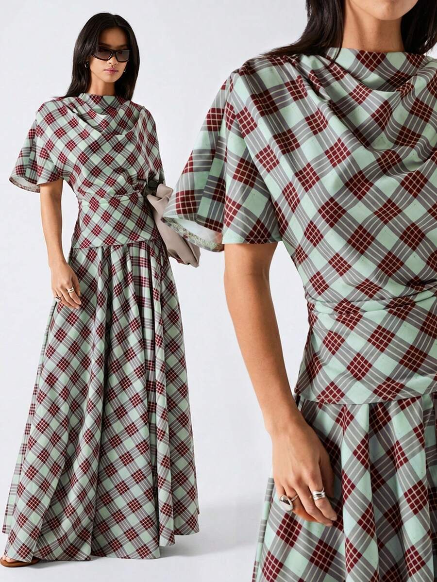 LYSMO 2026新款极简春夏女式休闲格纹印花垂褶领蝙蝠袖褶皱腰身T恤,适合日常通勤,格纹连衣裙,格纹两件套,格纹服装,格纹上衣,时尚女式衬衫/休闲女式衬衫 - 彩色 - 查看 1