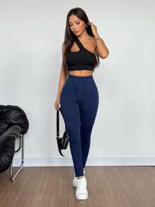 SHEIN Tall 女士夏季休闲高腰紧身牛仔裤，深蓝色弹力提臀收腹修身牛仔裤，带口袋，适合日常和街头穿搭。女士弹力腰紧身休闲牛仔裤。 - 深色水洗藍 - 查看 7