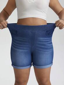 SHEIN Tall CURVE 夏季加大码女式高挑曲线休闲运动装日常通勤舒适透气高弹面料高腰修身牛仔蓝色短裤 - 中等水洗藍 - 查看 3