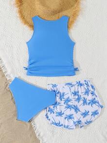 SHEIN 少女棕榈树印花荷叶边吊带背心和短裤休闲度假泳装套装 - 藍色 - 查看 2