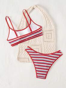Swim Mod Striped Textured Women's Swimwear Set,Red White And Blue Bikini Two Pieces,Summer Independence Day Female Swimwear,Gay Holiday Pool Party For Teens - Multicolor - View 3