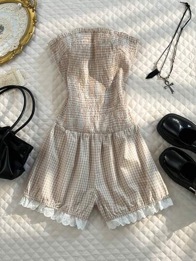 Glimmora Áo liền quần ống rộng in họa tiết kẻ caro phong cách thường ngày dành cho nữ