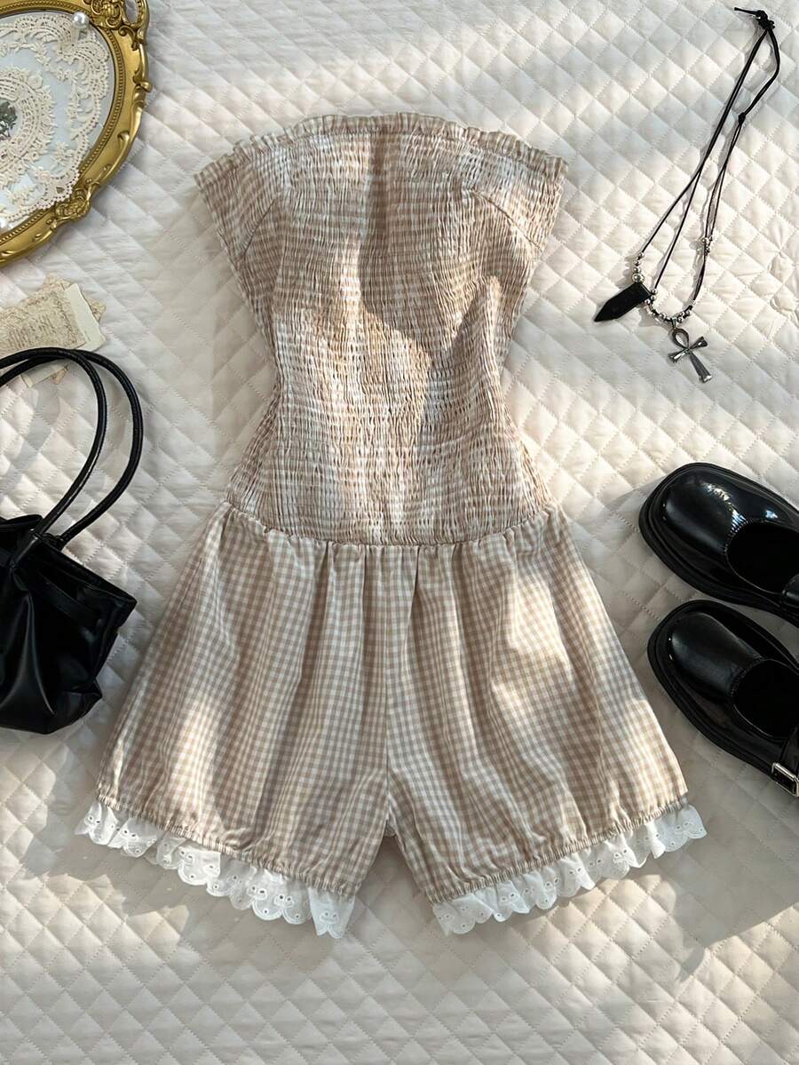 Glimmora 女士时尚休闲格子印花抹胸连体裤 - 灰色 - 查看 1