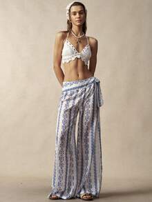 Bohemela 女士休闲宽松梭织裤，适合度假穿着 - 藍白色 - 查看 8