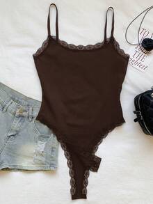 Comfortcana Bodysuit Wanita Motif Renda Patchwork Kasual Serbaguna untuk Pemakaian Sehari-hari - Coklat - View 5
