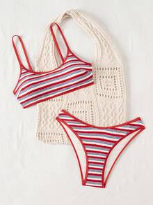 Swim Mod Striped Textured Women's Swimwear Set,Red White And Blue Bikini Two Pieces,Summer Independence Day Female Swimwear,Gay Holiday Pool Party For Teens - Multicolor - View 6