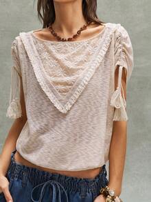 Bohemela Summer BOHO Easter Music Festival Casual Vacation Countryside Retro Outfit Daily Wear Casual Knit Contrast Lace Round Neck Loose Women T-Shirt Women's Tops For Summer Boho Tops For Women,Summer Top - Apricot - View 5