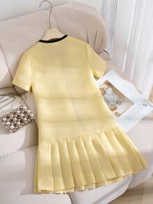 Elladie kids Tween Girl Round Neck Bow Decor Pleated Fashion Party & Casual Dress - Yellow - View 2