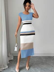 Elenzga Women's Spring/Summer New U-Neck Fitted Mid-Length Hem Slit Half Sleeve Elegant High-End Knit Dress, Striped Design, Versatile Lady Style - Multicolor - View 5