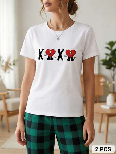 Pijama mujer de 2 piezas, camiseta manga corta y pantalón largo confeccionado en tela afelpada de grosor ligero, conjunto cómodo ideal para dormir, homewear, loungewear, ropa de descanso, estilo casual femenino, versátil y suave