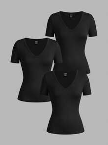 SHEIN EZwear 3件套女士深V领紧身休闲短袖基础款叠穿长袖T恤套装，适合春夏穿着，女士黑色V领T恤基础款上衣修身款T恤3件装，夏季上衣 - 黑色 - 查看 1