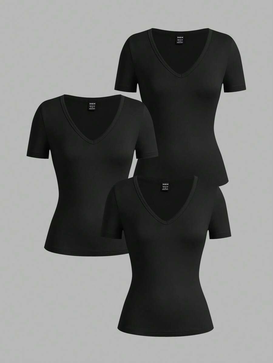 SHEIN EZwear 3件套女士深V领紧身休闲短袖基础款叠穿长袖T恤套装，适合春夏穿着，女士黑色V领T恤基础款上衣修身款T恤3件装，夏季上衣 - 黑色 - 查看 1