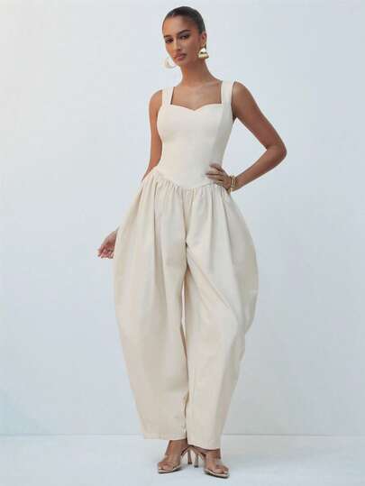 Hauture Women's Sexy Casual Sweetheart Neck Structured Bodice Extra Wide Leg Stretch Jumpsuit, Old Money Aesthetic, Perfect For Summer/Spring, Lightweight Flowy Balloon Pant Fit Jumpsuit For Women, Comfortable Outfit For Women, Minimalist Chic Styling Piece, Corporate Chic