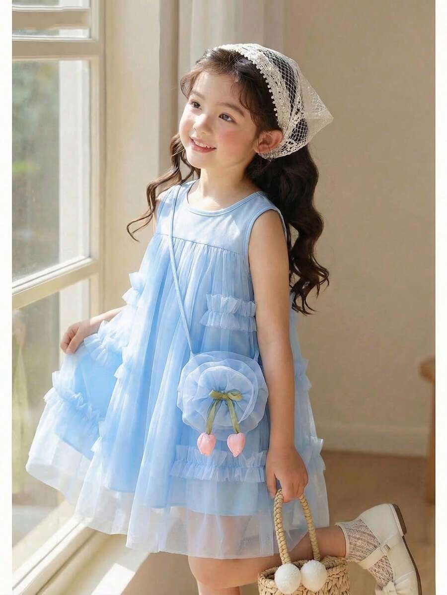 SHEIN Genkimix Kids Đầm không tay bằng vải lưới màu xanh dương viền bèo nhún với hoa tulip 3D dành cho bé gái, kèm túi đeo chéo màu xanh dương, đầm dự tiệc mùa hè thanh lịch, trang phục đi nghỉ mát. - Màu xanh lam - Xem 1
