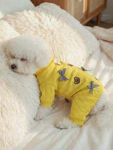 PETSIN 1件宠物服装，刺绣泰迪熊卡通图案连体衣，猫狗通用舒适柔软家居服 - 黃色 - 查看 2
