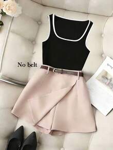 SHEIN Franclia Bộ 2 món thời trang nữ hàng ngày đa năng: áo tank top dệt kim gân màu đen trắng tương phản phối cùng quần short ống rộng màu kaki, thích hợp cho mùa xuân/hè. - Nhiều màu - Xem 5