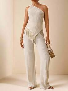 Vesra Women's Asymmetric One-Shoulder Sleeveless Tassel Top And Long Pants Knit 2 Pieces Set - Apricot - View 1