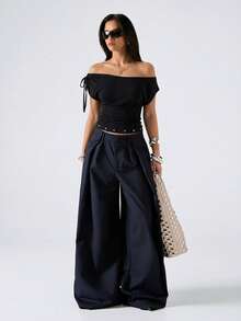 LYSMO 2026新款简约春季女式休闲黑色露肩收腰T恤，夏季上衣 - 黑色 - 查看 5