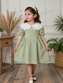 女童甜美公主风刺绣荷叶边领长袖花瓣袖提花面料时尚连衣裙，适合派对、生日、节日、所有季节 - 綠色 - 查看 1