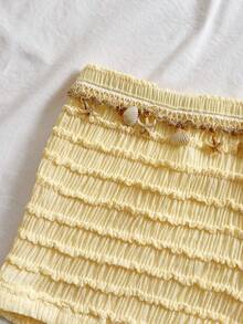 SHEIN Tween Girl Tween Girls Vacation Holiday Solid Yellow Textured Knit Beach Vacation Casual Starfish Halter Top Tank & Shorts 2 Pieces Set - Yellow - View 5