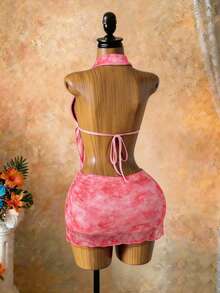 SaltGleam SaltGleam Conjunto de top halter de malla con estampado de teñido anudado + minifalda para verano y vacaciones, conjunto de dos piezas con camiseta sin espalda sexy para vacaciones en la isla - Rosa - Ver 2