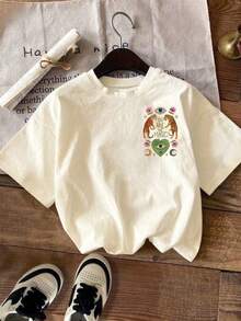 EMERY ROSE Women's Casual T-Shirt, Mysterious Tiger Art T-Shirt - Surrealism T-Shirt, Pink And Gold Tiger T-Shirt - Apricot - View 3