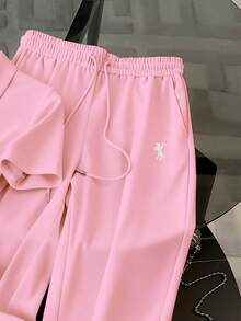 Resyla Embroidered Minimalist Polo Collar T-Shirt + Pants Set, Gift For Friends - Dusty Pink - View 3