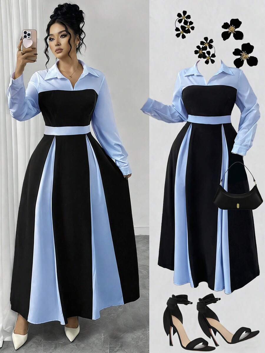 SHEIN Elenzya 女士拼接系带领长袖优雅连衣裙 女士教堂礼服 女士正装 女士连衣裙 优雅经典女士套装 - 彩色 - 查看 1