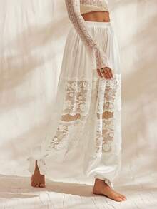 Easelle 复古低腰白色蕾丝拼接镂空透视浪漫女士长裤 - 白色 - 查看 8