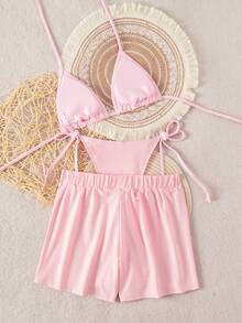Swim Vcay Bộ bikini 3 mảnh màu xanh dương, dây mảnh, cổ yếm, chất liệu vải kẻ sọc xanh trắng, thích hợp cho nữ, mùa Xuân/Hè 2026. - Hồng - Xem 2