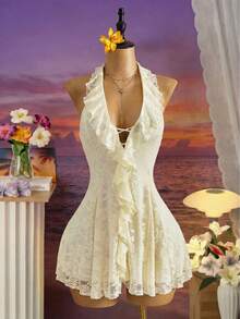 Femesol Women's Sexy Lace Halter Dress - Apricot - View 1