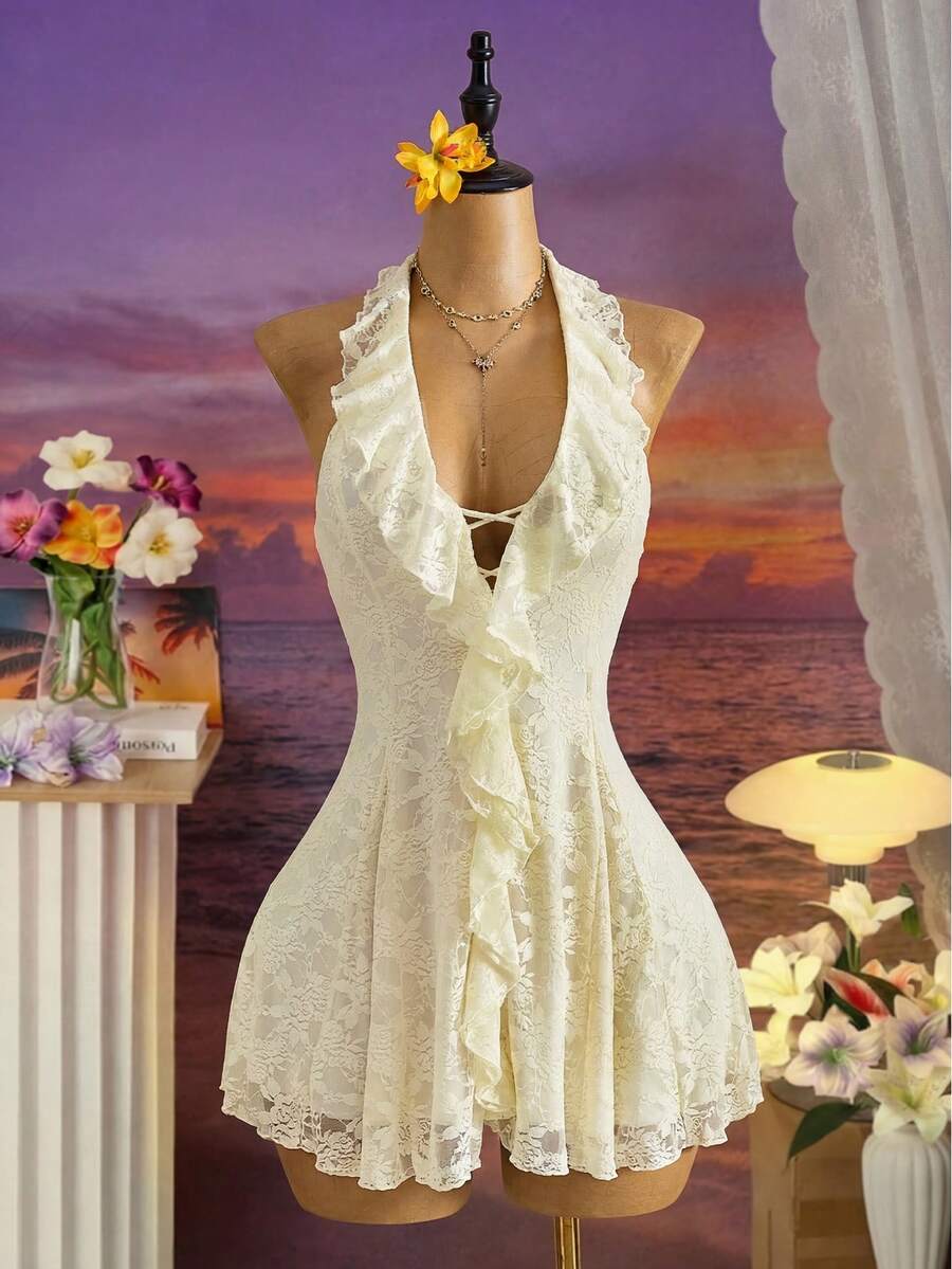 Femesol Women's Sexy Lace Halter Dress - Apricot - View 1