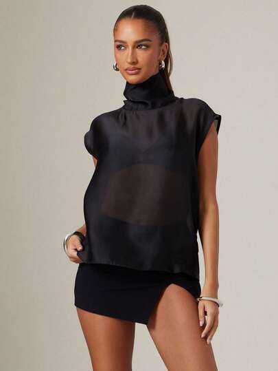 Hauture 女士性感时尚薄纱高领短袖宽松衬衫