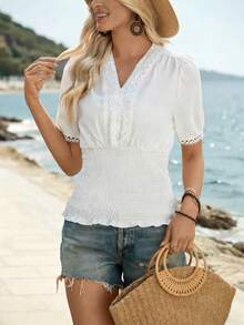 SHEIN Holidaya Women's White Summer Elegant Vacation Holiday Casual V-Neck Puff Sleeve Lace Patchwork Shirred Slim Fit Top Beach Outfit Conservative Blouse Greece - White - View 5