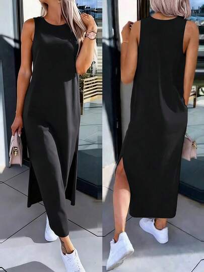 Silhoulove Vestido largo de fiesta de mujer de unicolor y cuello redondo de moda