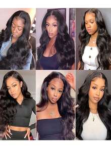 波浪卷蕾丝前额假发，真人发丝，预先拔毛，带婴儿绒毛，180密度，女士真人发假发，4x4透明蕾丝前额假发，自然发际线 - Natural Black - 查看 5