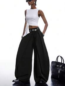 LYSMO 2026新款极简春夏女式黑色条纹褶裥口袋阔腿宽松休闲裤，阔腿裤，褶裥裤，宽松裤，加大码裤，蝴蝶结裤，适合工作/商务休闲/办公室穿着 - 黑色 - 查看 7