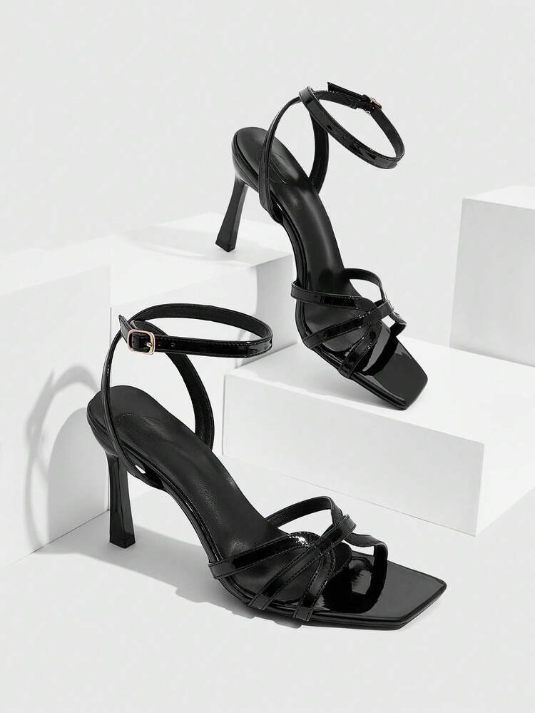CUCCOO SZL Women Shoes Spring And Summer New Black Mirror Cross Strap Ankle Strap Women's High Heel Sandals Fashion Comfortable Versatile Sexy Party Banquet Women's Sandals Women's Shoes