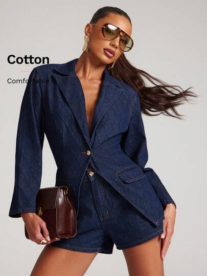 NYA SZN Justine Denim Blazer Top Collared Argyle Textured Easter St. Patricks Day Brunch Casual Everyday Going Out Party Special Occasion Travel Vacation Office Siren Western Country Date Night Elegant Luxury Business Casual Event Everyday Wedding Brunch Office Gyaru Street Style Spring Summer Statement Carnival Bridal Shower Outfits For Women