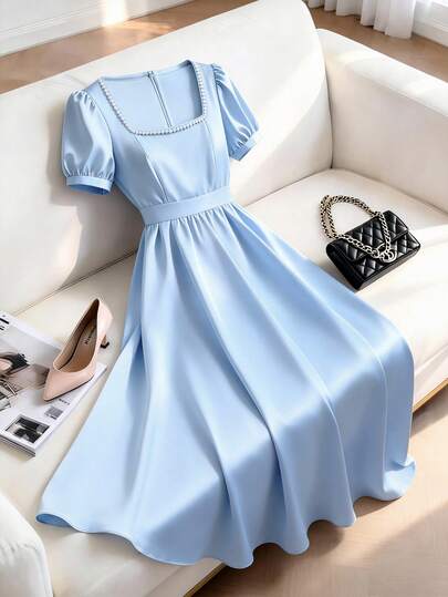 GlowEve CURVE Plus Size Women's Blue Square Neck Bubble Sleeve Cinched Waist Fitted Flattering Dress, Casual Chic Commute Elegant Sexy Versatile Romantic Sweet Date Beach Vacation Summer New Long Dress