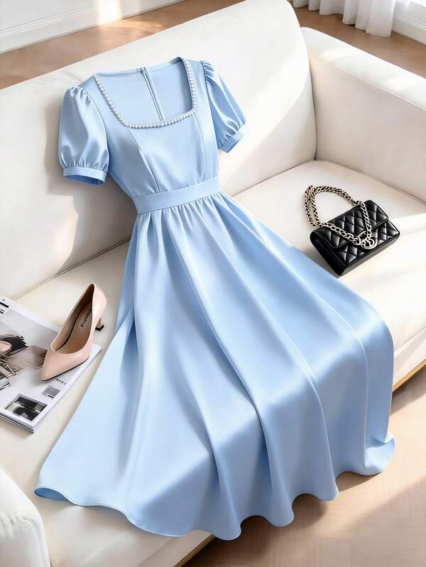 GlowEve CURVE Plus Size Women's Blue Square Neck Bubble Sleeve Cinched Waist Fitted Flattering Dress, Casual Chic Commute Elegant Sexy Versatile Romantic Sweet Date Beach Vacation Summer New Long Dress