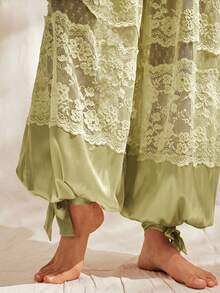 Easelle Quần dài nữ cổ điển cạp thấp màu xanh lá cây phối ren, khoét rỗng, xuyên thấu, phong cách lãng mạn. - màu xanh lá - Xem 9