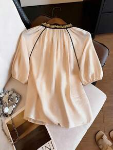 GlowEve Apricot Rhinestone Embellished Black Trim Elegant Women Short Sleeve Blouse - Apricot - View 2