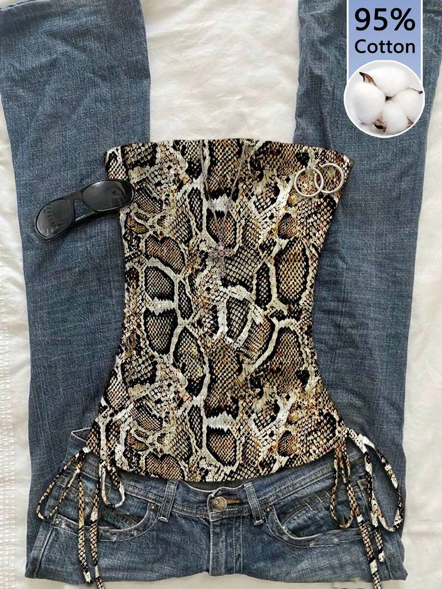 Attitoon 95%纯棉女士休闲抽绳系带修身抹胸上衣 - 彩色 - 查看 1