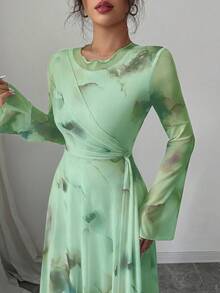 Modelyn Elegant Mint Green Long Sleeve A Line Maxi Dress For Women With Flared Hem And Plant Pattern Round Neck Garden Party Autumn - Green - View 5