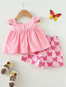Cozy Pixies Baby Girl Butterfly Pattern Square Neck Sleeveless Top And Elastic Waist Shorts 2 Pieces Set - Pink - View 2