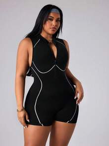 Rhythm Era Plus Size Women's Seamless Black Summer Athletic Midsize Pilates Sleeveless Hollow-Out Backless Jumpsuit,Tummy Control Exercise Yoga Shorts Bodysuit - Black and White - View 4